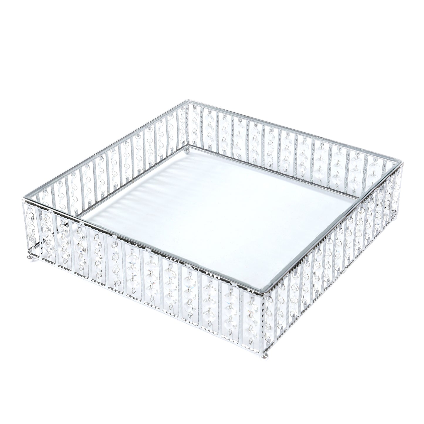 Silver square cake stand with hanging crystal beads and glass top.