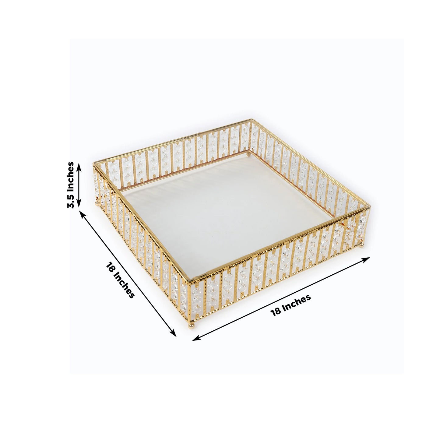 Gold square cake stand with hanging crystal beads and glass top, 18 inches.