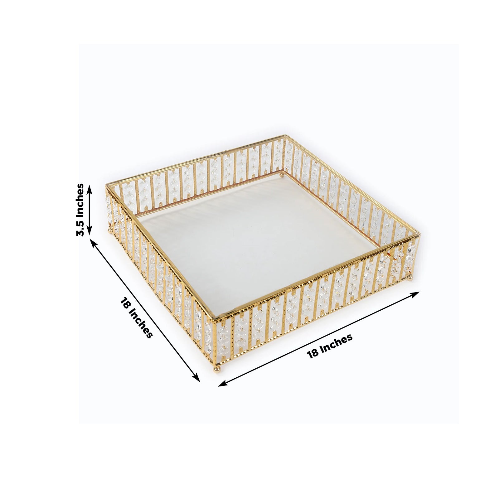 Gold square cake stand with hanging crystal beads and glass top, 18 inches.