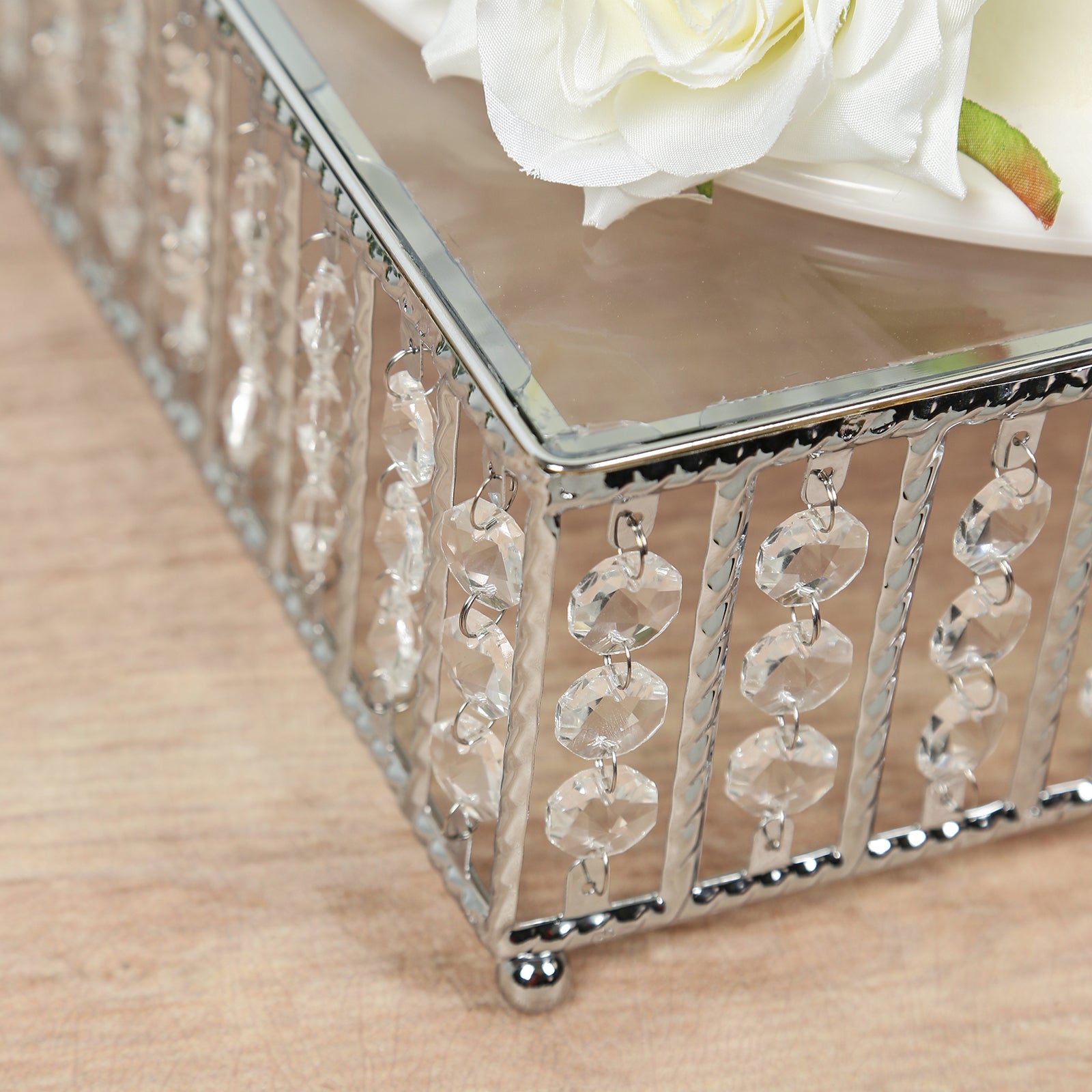 18" square silver cake stand with hanging crystal beads and glass top.