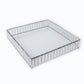 18" square silver cake stand with hanging crystal beads and glass top.