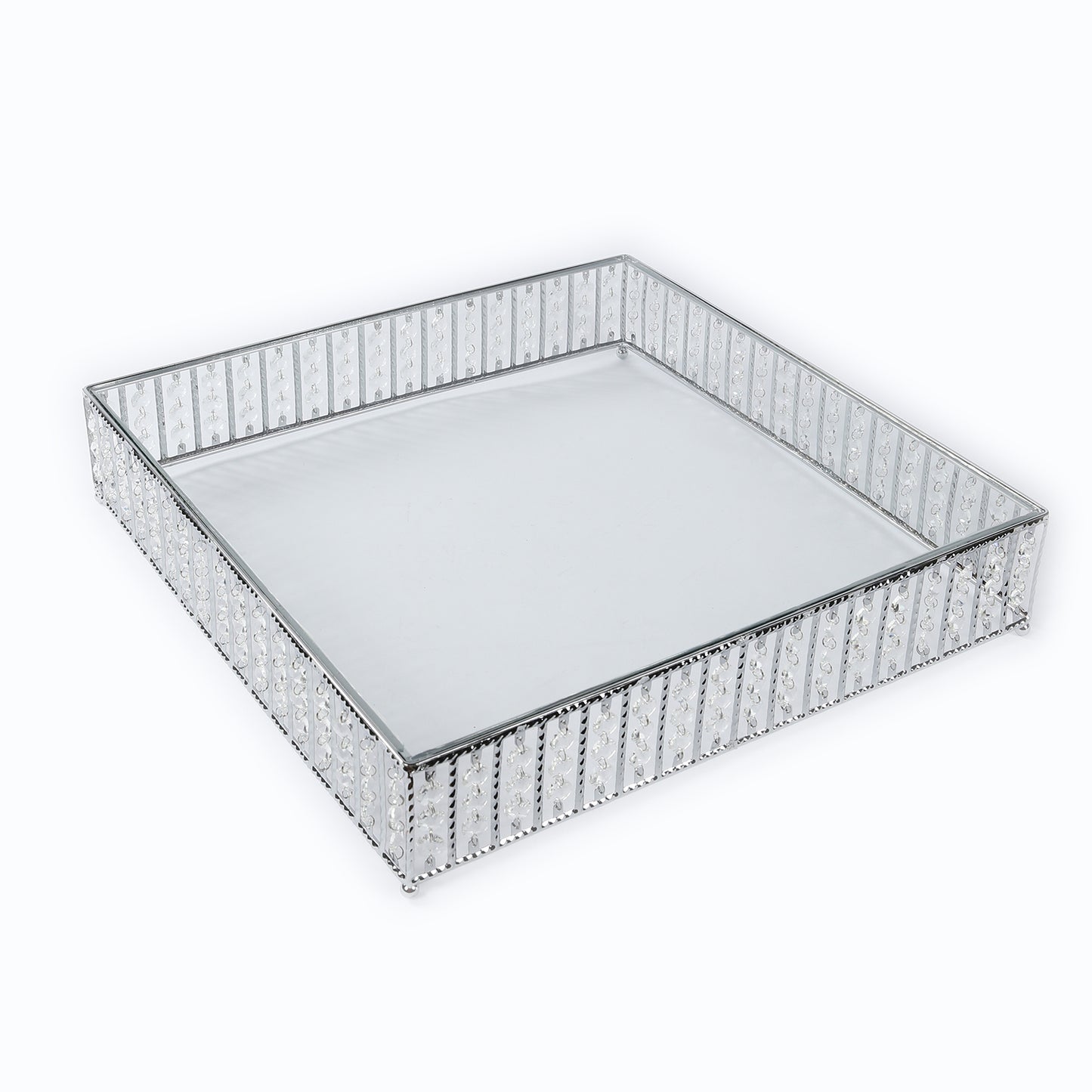 18" square silver cake stand with hanging crystal beads and glass top.