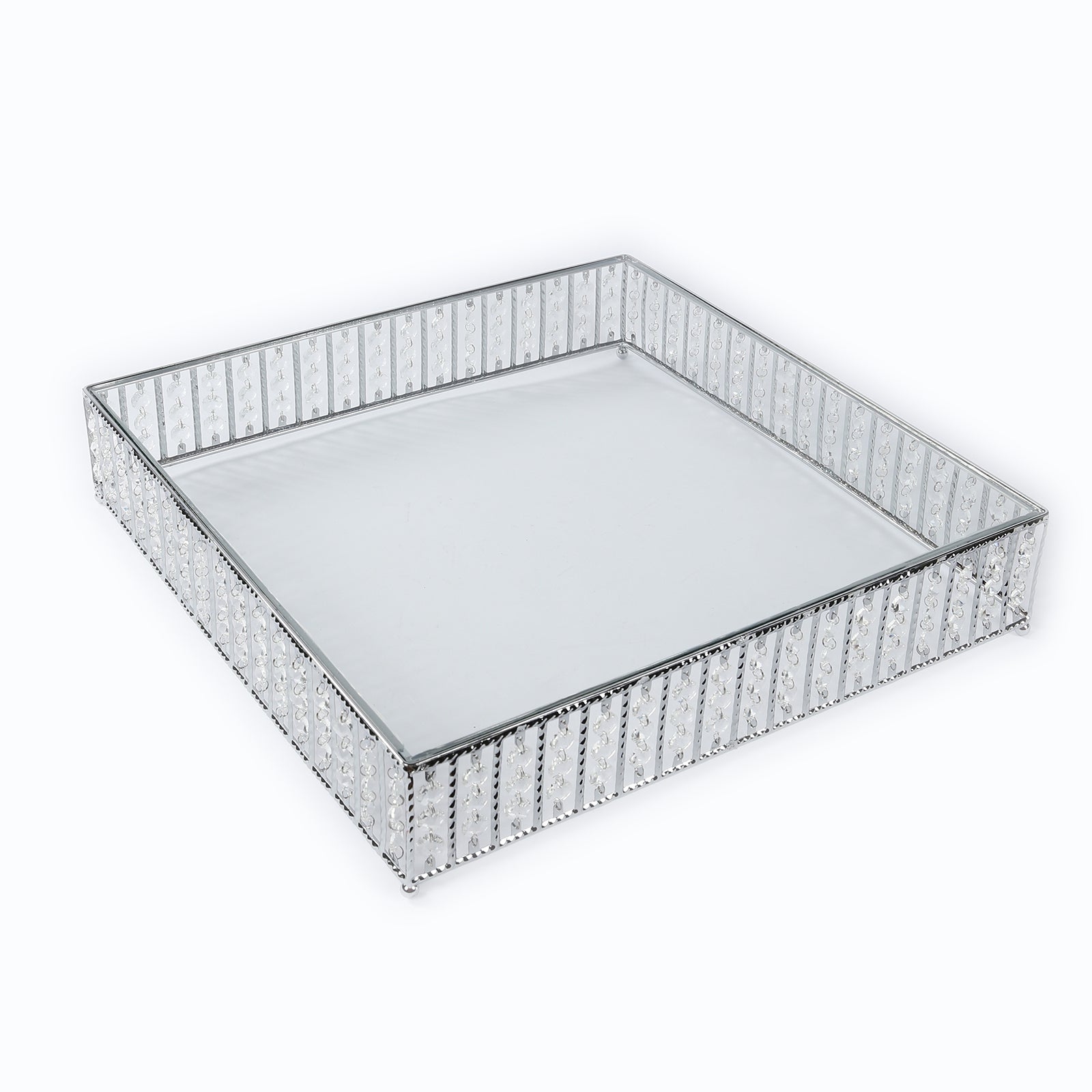 18" square silver cake stand with hanging crystal beads and glass top.