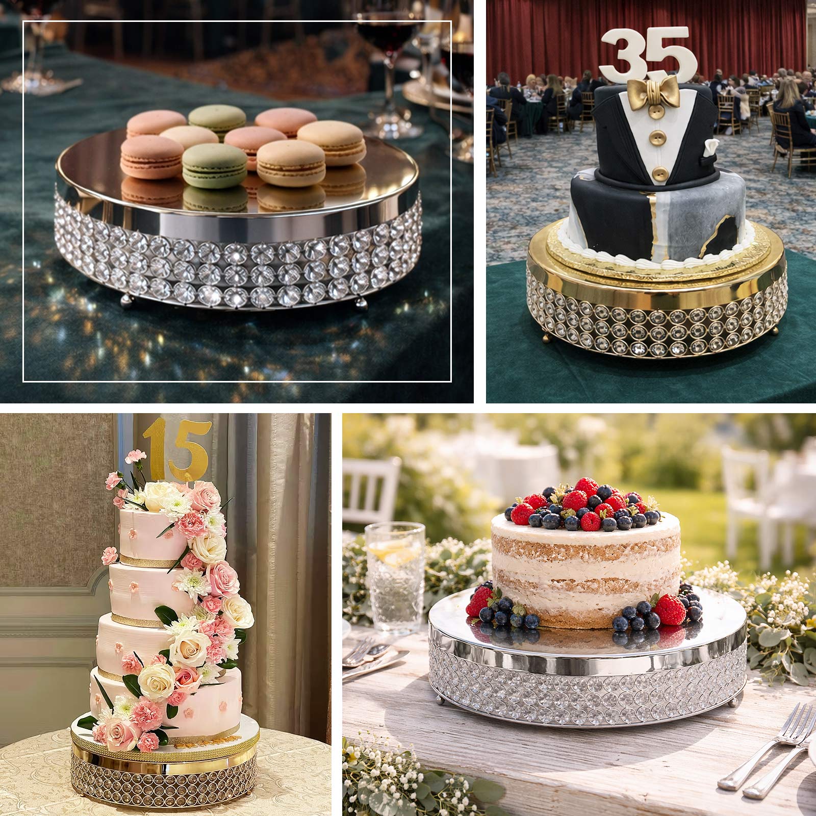 Rose gold crystal beaded metal cake stand pedestal for dessert display.