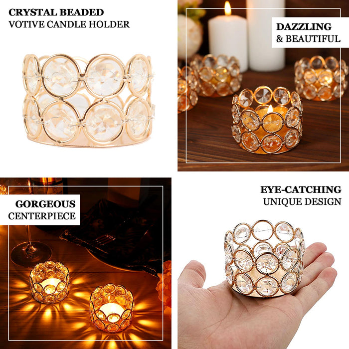 6 Pack | 1.5" Tall Gold Metal Crystal Beaded Tea Light Candle Holders, Votive Candle Stands