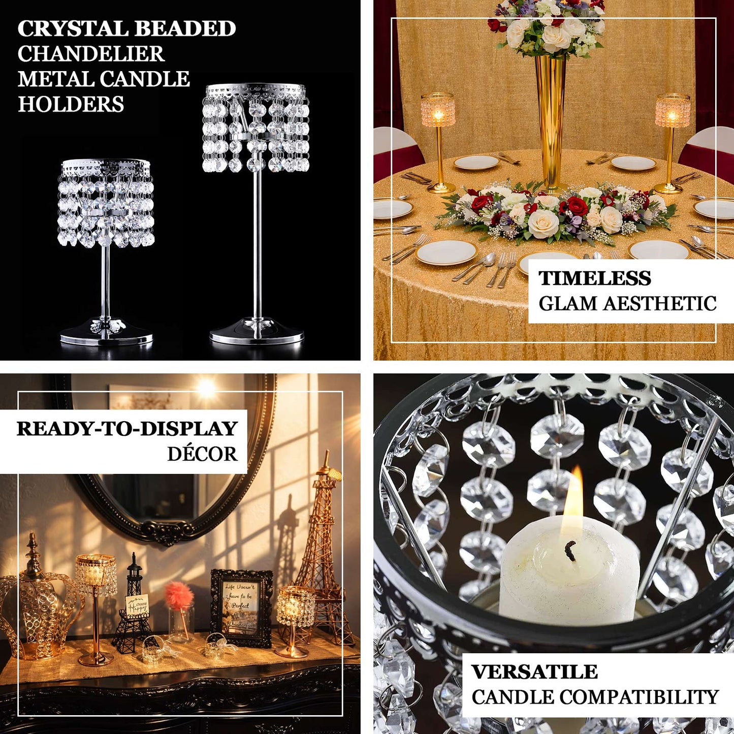Gold crystal beaded chandelier votive candle holder for elegant decor.