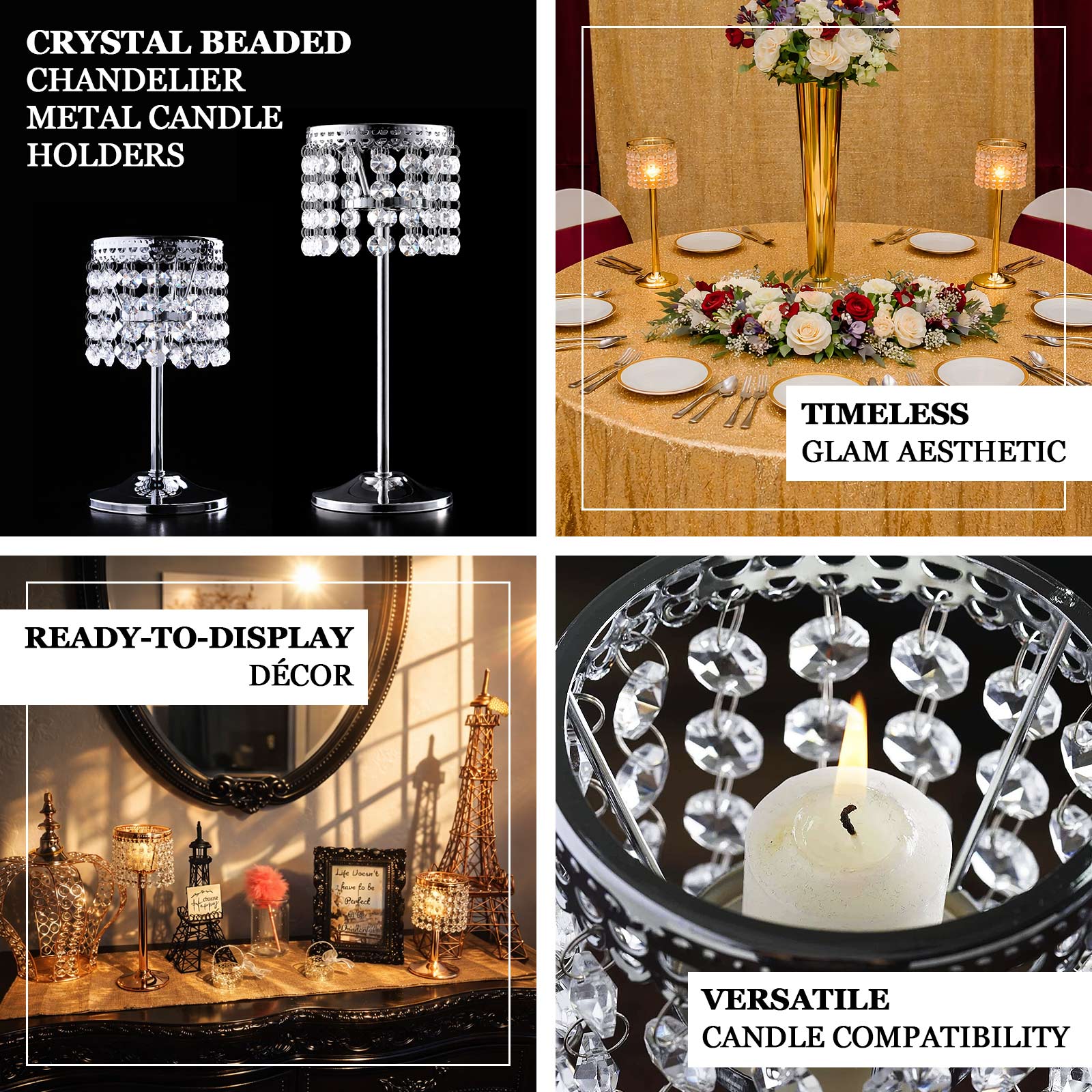 Gold crystal beaded chandelier votive candle holder for elegant decor.