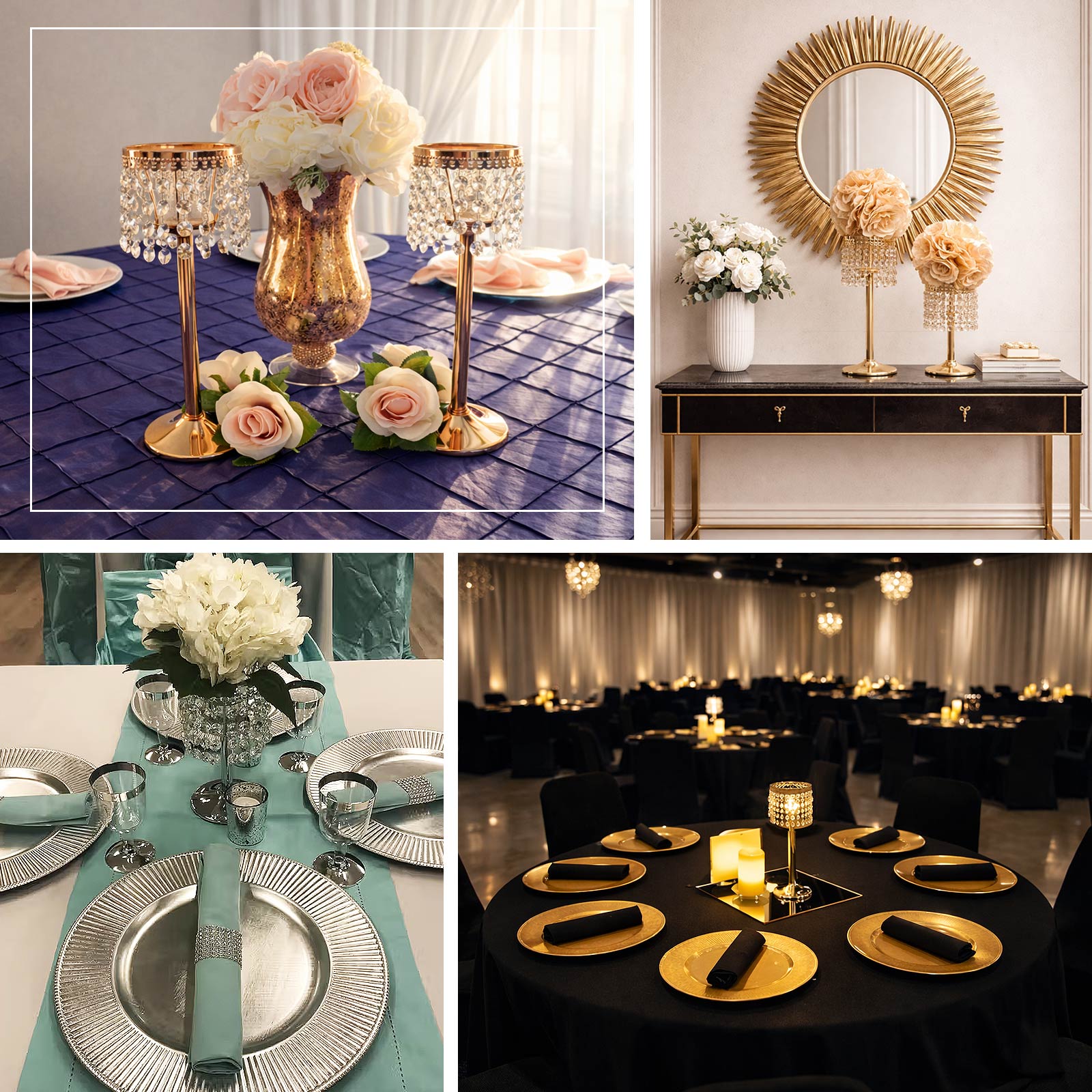 Gold crystal beaded chandelier votive candle holder on elegant table setting.