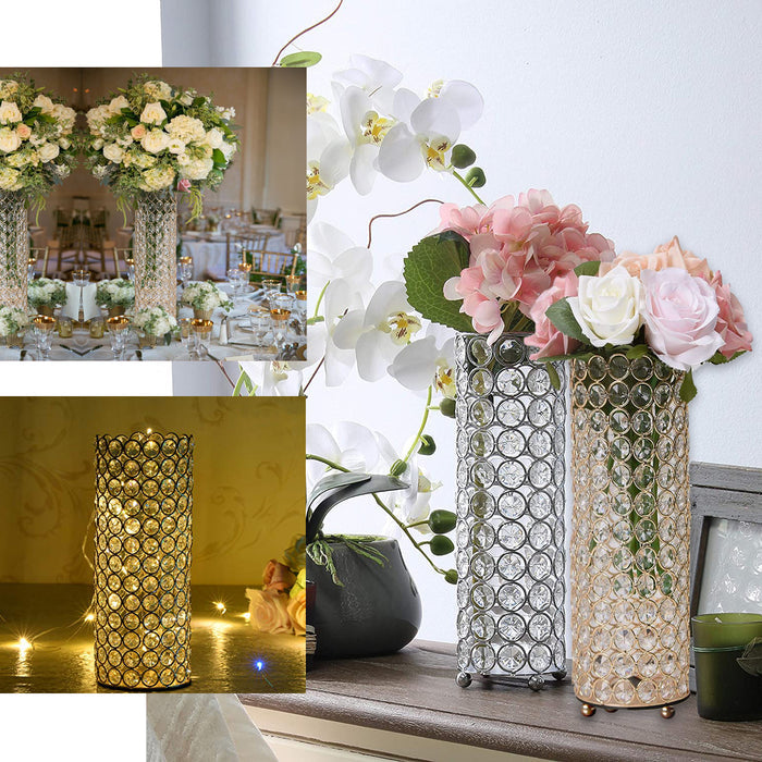 16" Tall Shiny Gold Metal Full Crystal Beaded Pillar Candle Holder Stand