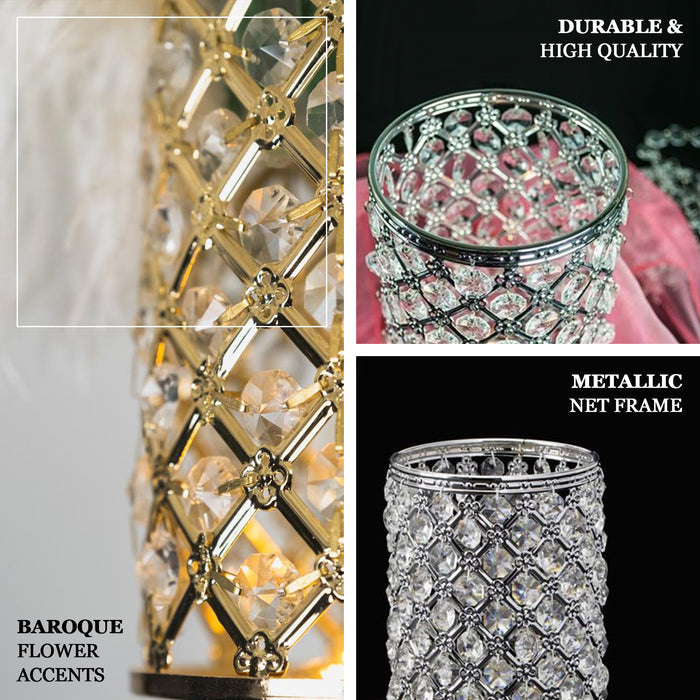 2 Pack | 9” Metallic Silver Crystal Beaded Pillar Votive Candle Holder Set, Multipurpose Crystal Flower Stem Vase