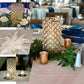 Gold crystal beaded pillar votive candle holder set, elegant table decor.