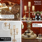 Gold metal candelabra with amber glass shades for pillar candles.