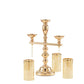 Gold 3 arm candelabra with amber glass shades and candle holders.