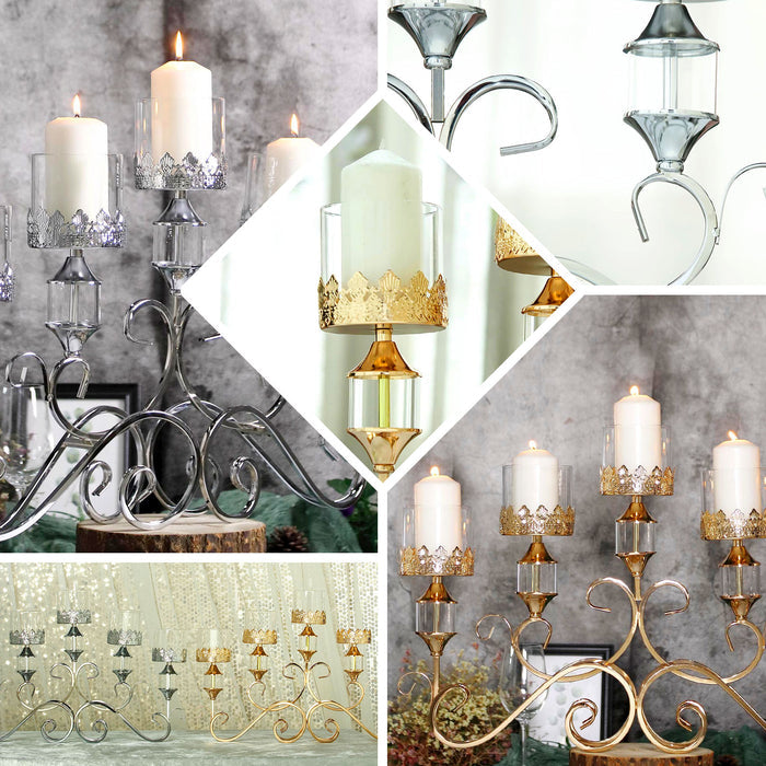 Antique gold metal 5 arm candelabra with hurricane glass votive holders.