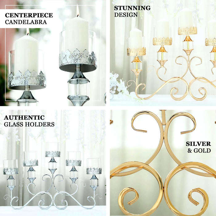 Antique gold metal 5 arm candle candelabra with hurricane glass holders.
