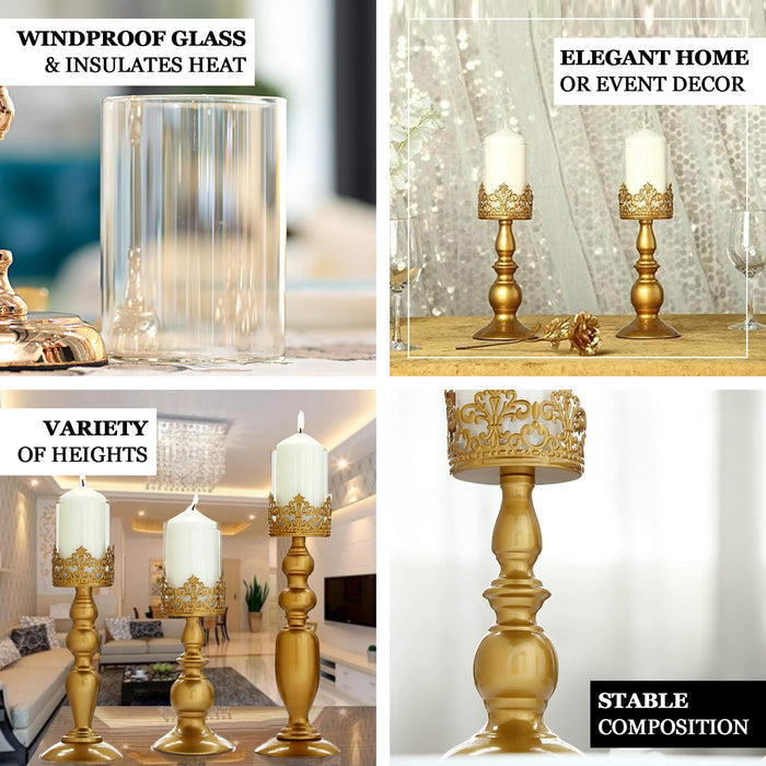 Antique gold lace hurricane candle holders set of 3 in various heights.