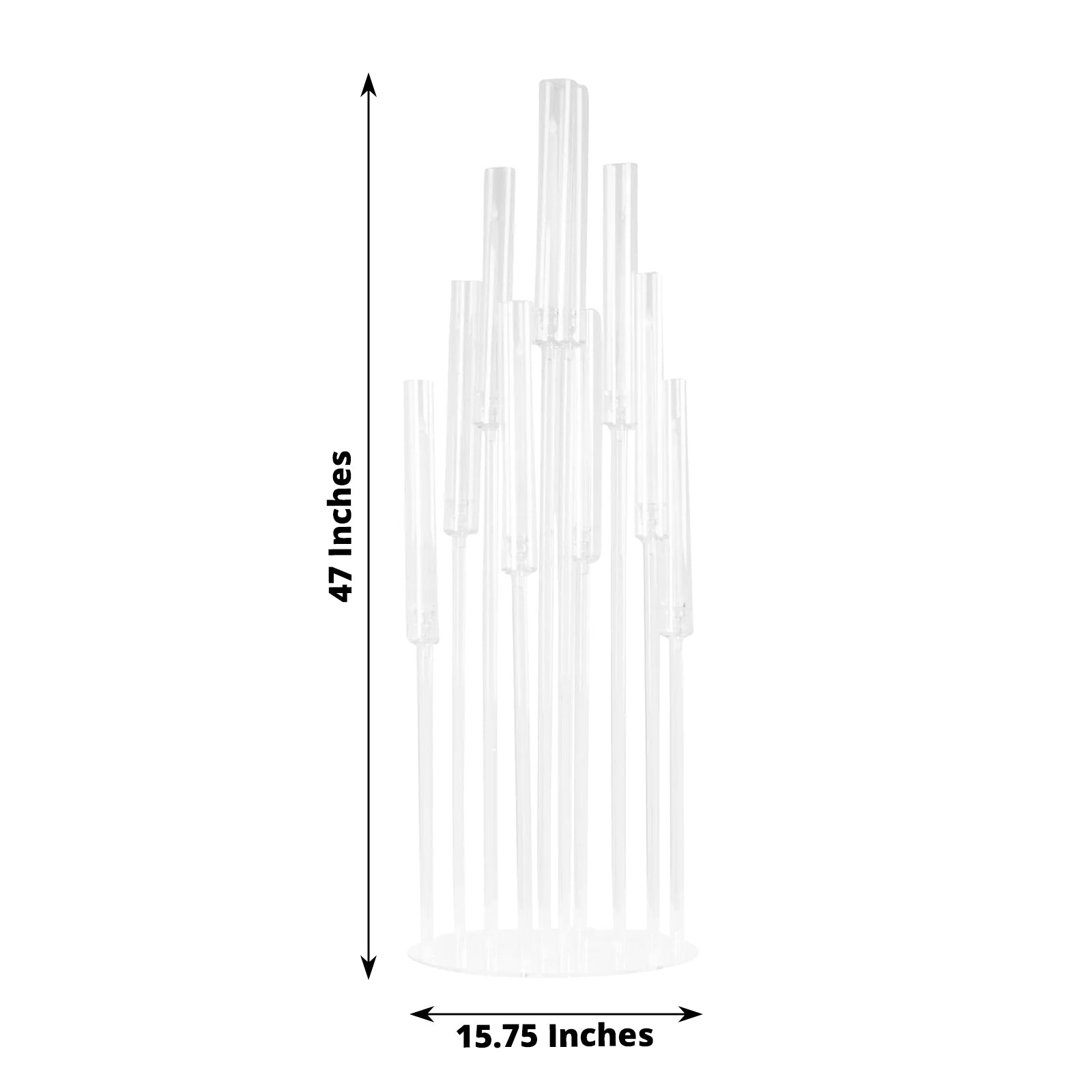 Clear acrylic candelabra candle holder, 47 inches tall, 10 arms.