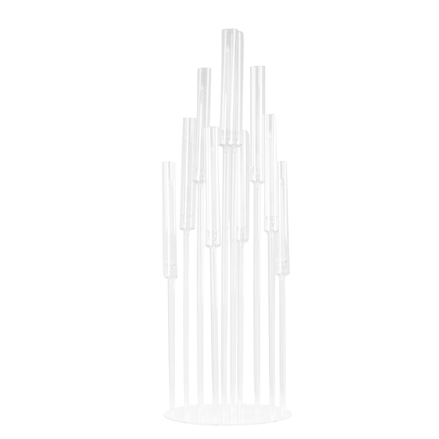 Clear acrylic 10-arm pillar candle holder candelabra with circular base.