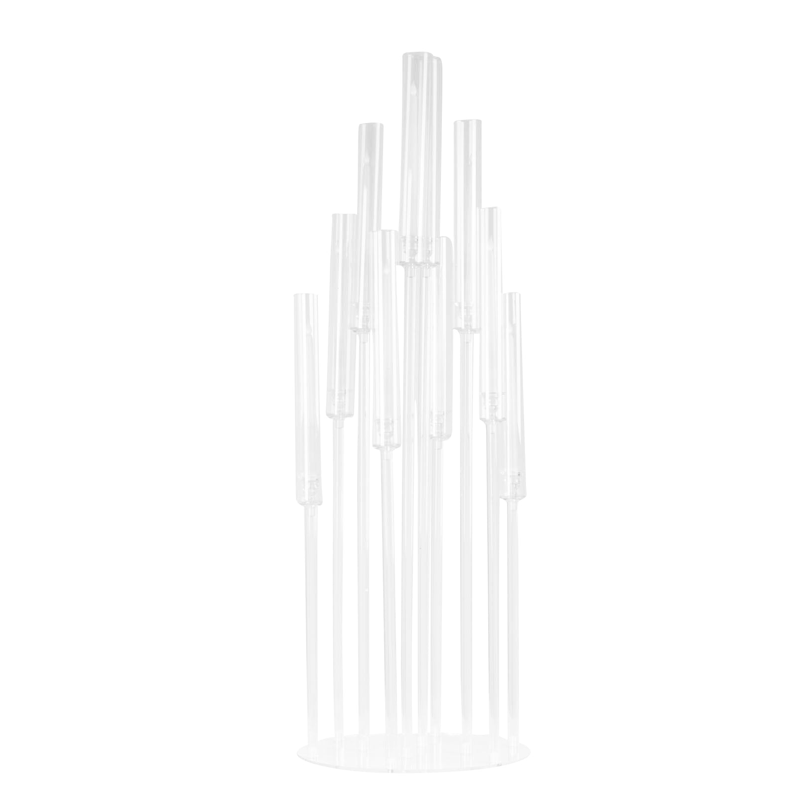 Clear acrylic 10-arm pillar candle holder candelabra with circular base.