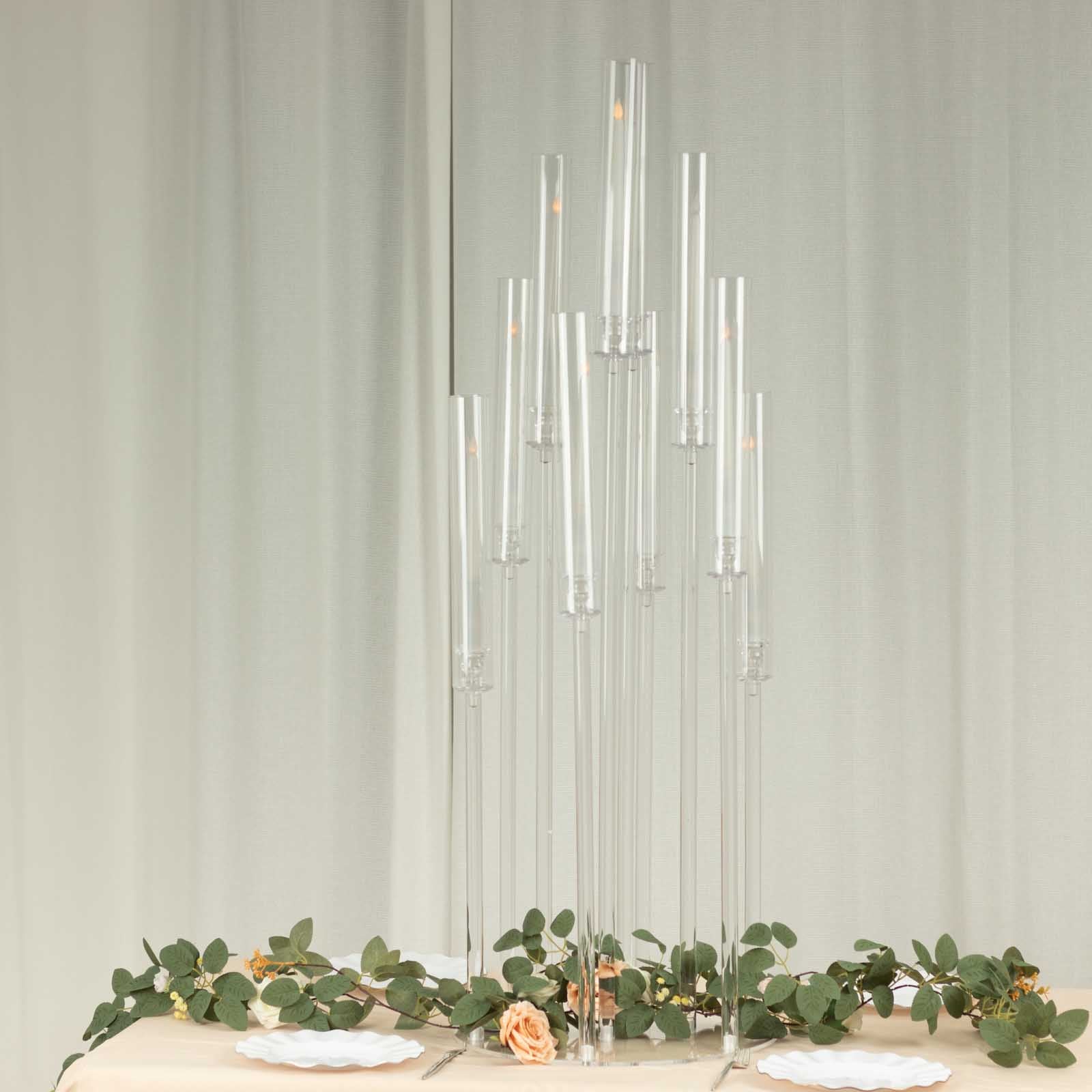 Clear acrylic candelabra with 10 arms, 47" tall, ideal for elegant decor.