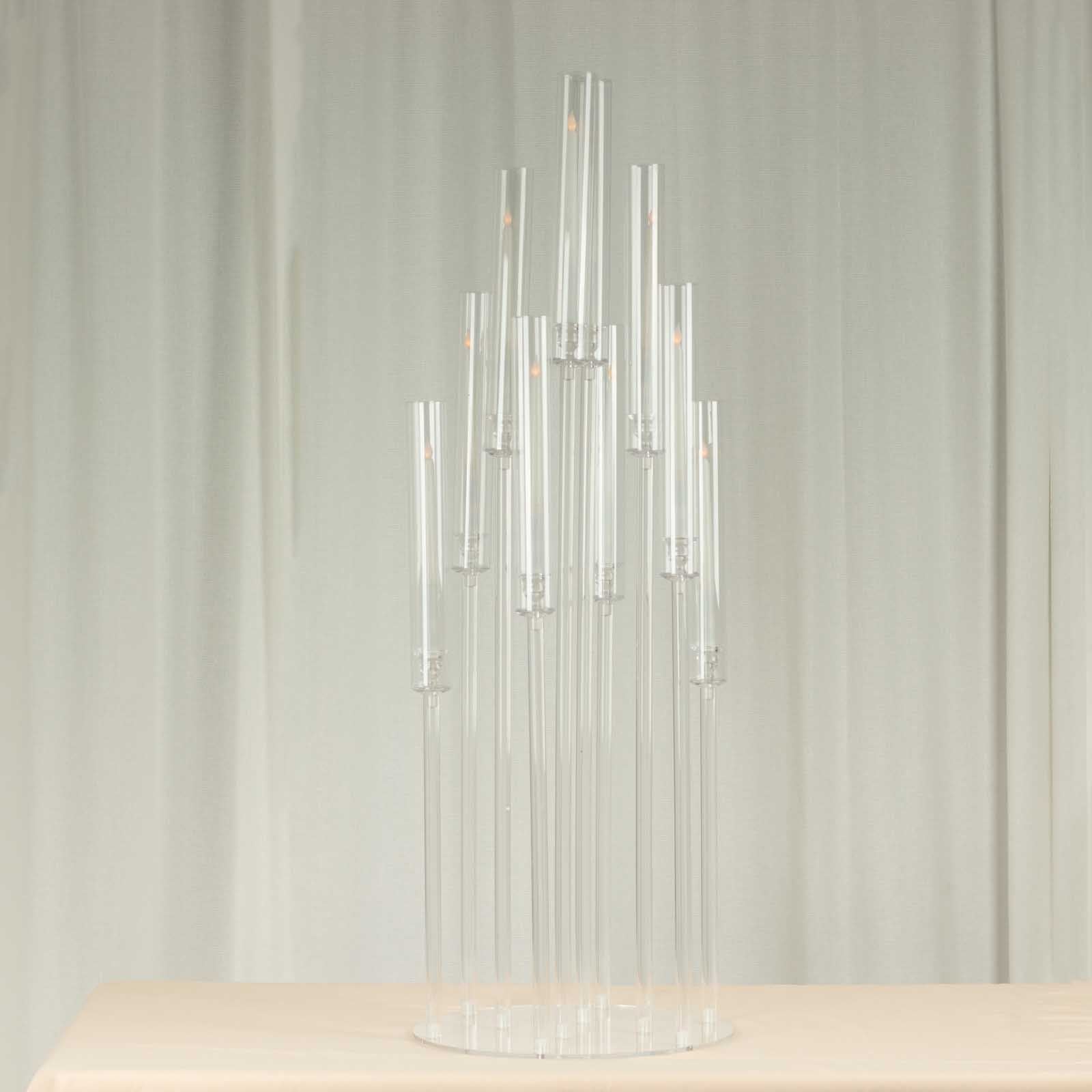 Clear acrylic cluster candle holder stand, 47" tall, with 10 arms.