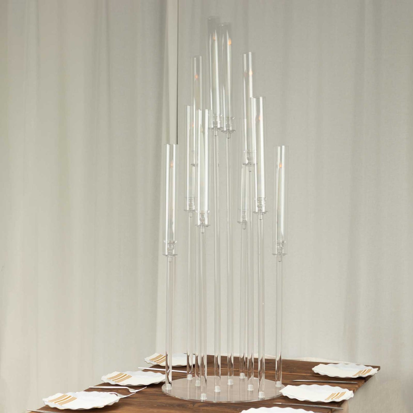 Clear acrylic 10-arm candelabra, 47" tall, elegant candle holder.