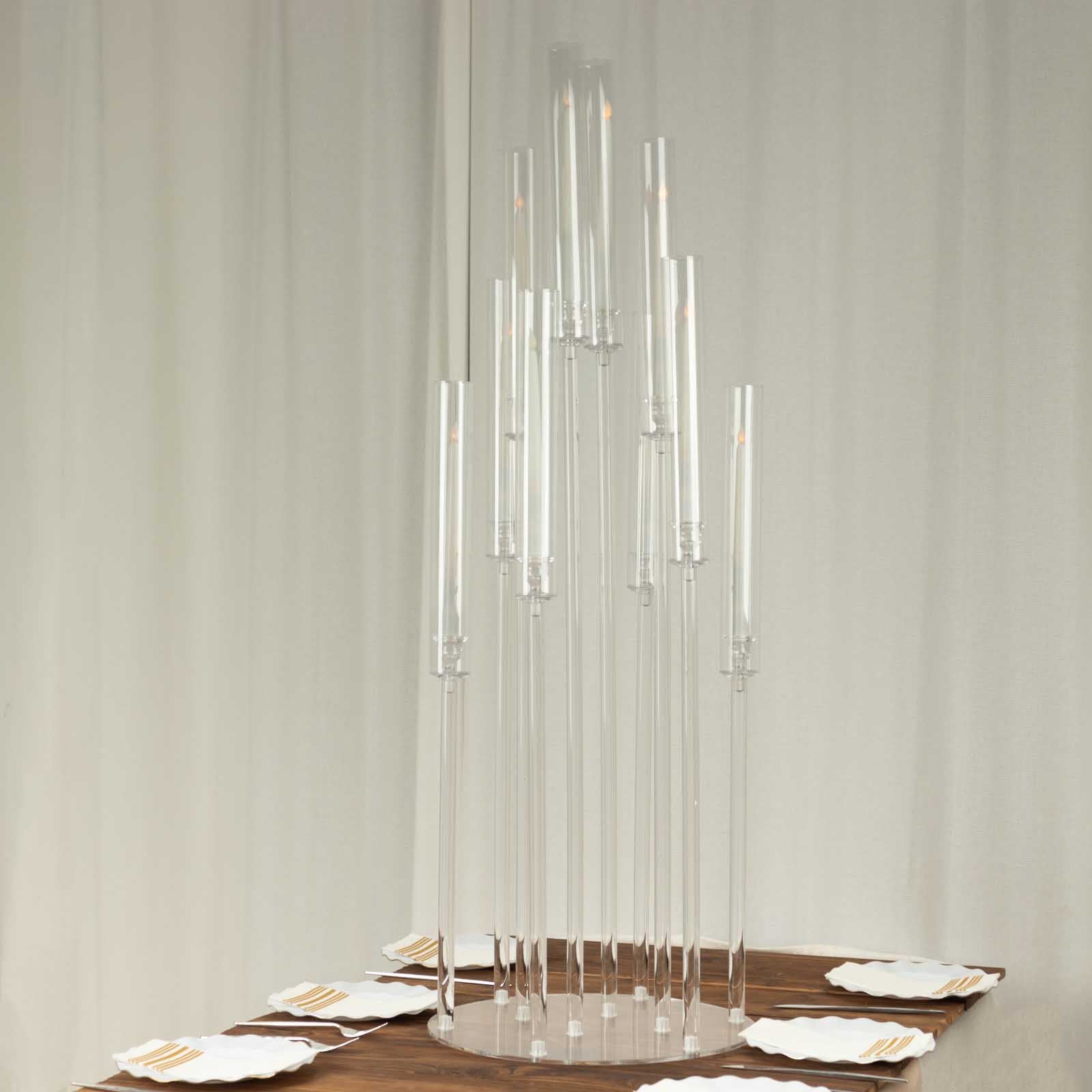 Clear acrylic 10-arm candelabra, 47" tall, elegant candle holder.