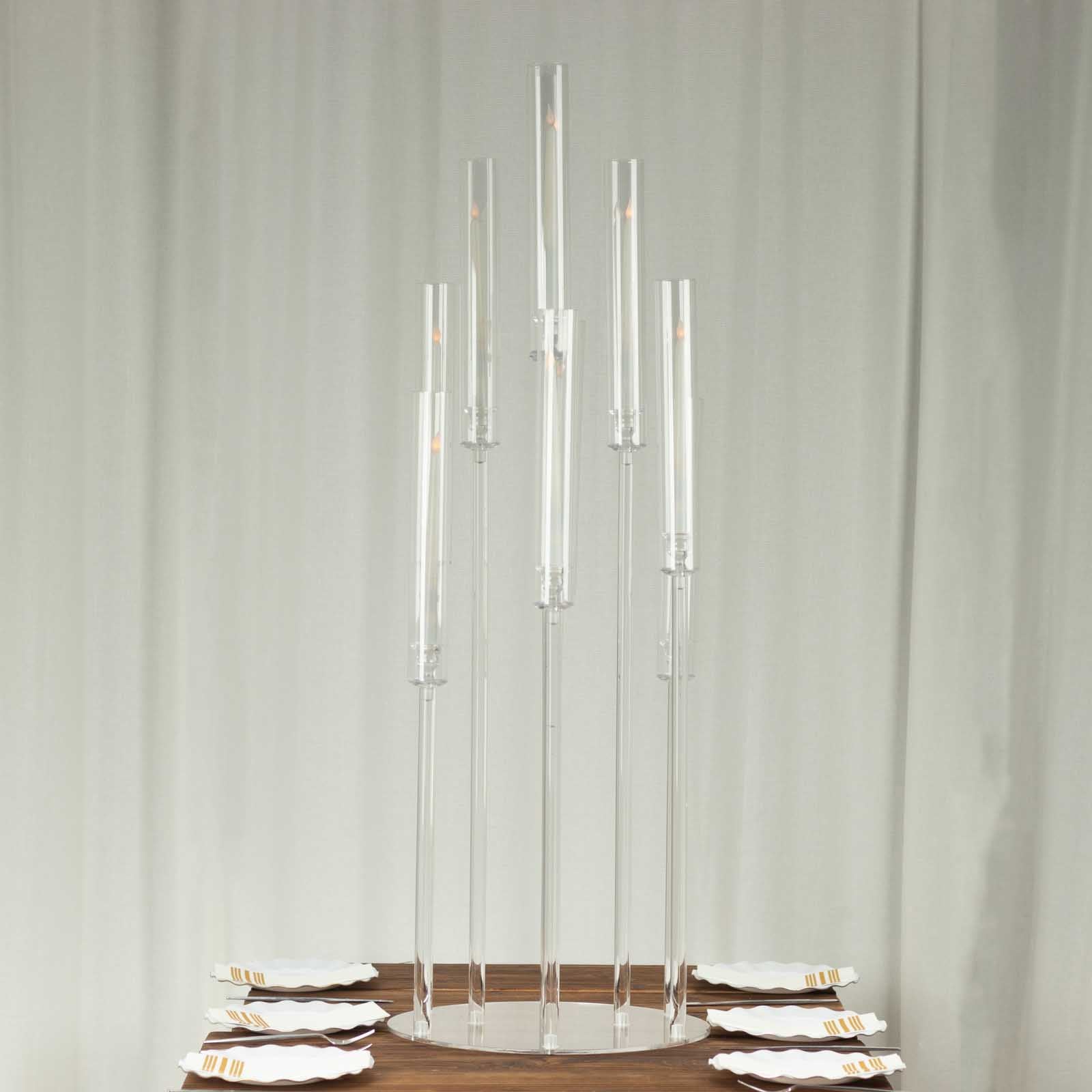 Clear acrylic candelabra stand for taper candles, 47" tall, elegant centerpiece.