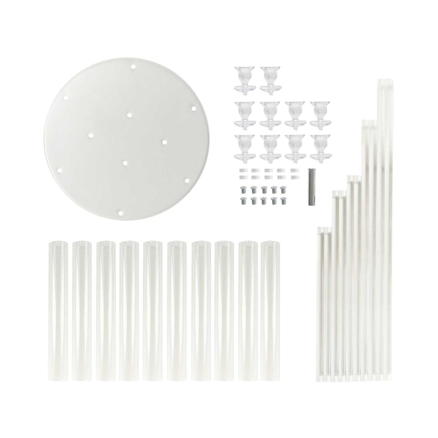 Clear acrylic candle holder set with 10 arms and circular base.