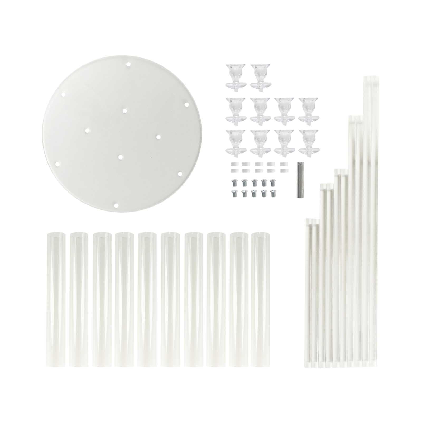 Clear acrylic candle holder set with 10 arms and circular base.