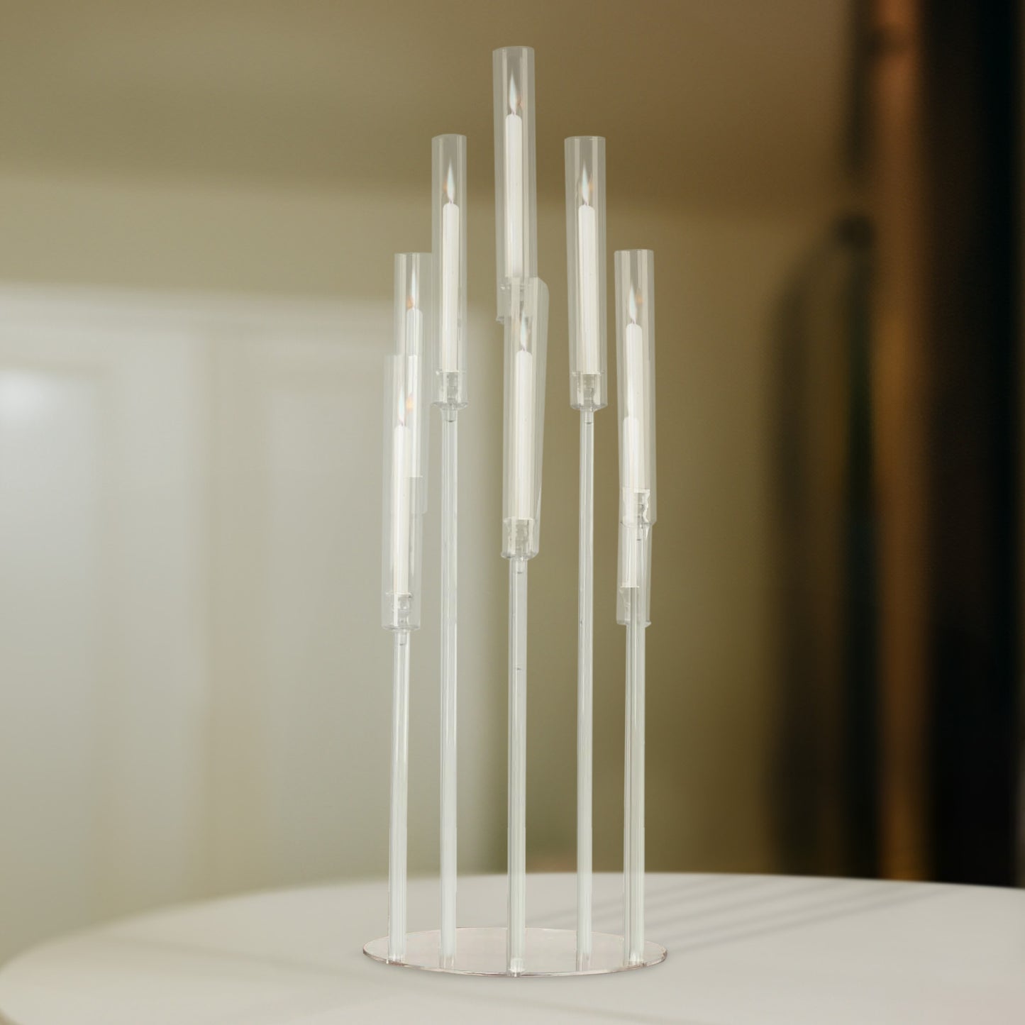 Clear acrylic candle holder candelabra with 10 arms, 47" tall.