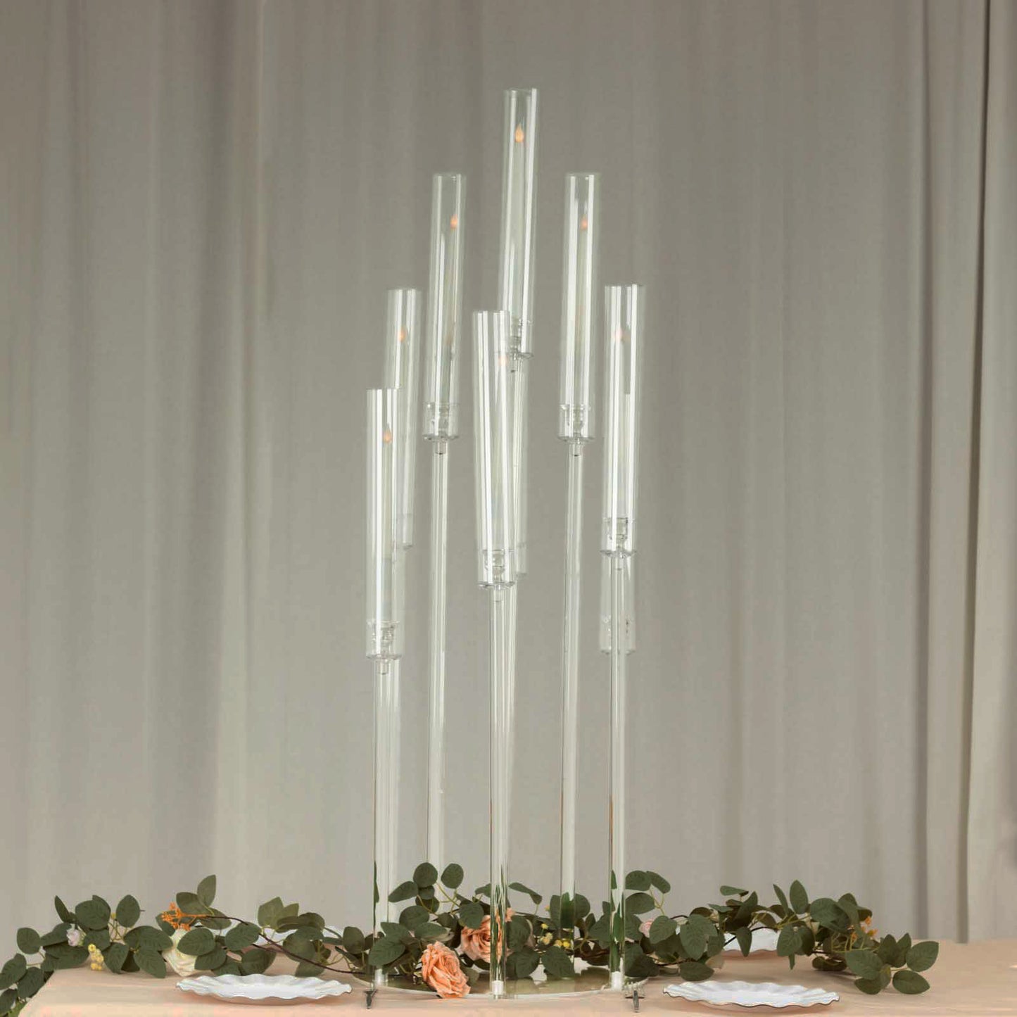 Clear acrylic 10-arm candle holder stand, 47" tall, elegant and modern decor.