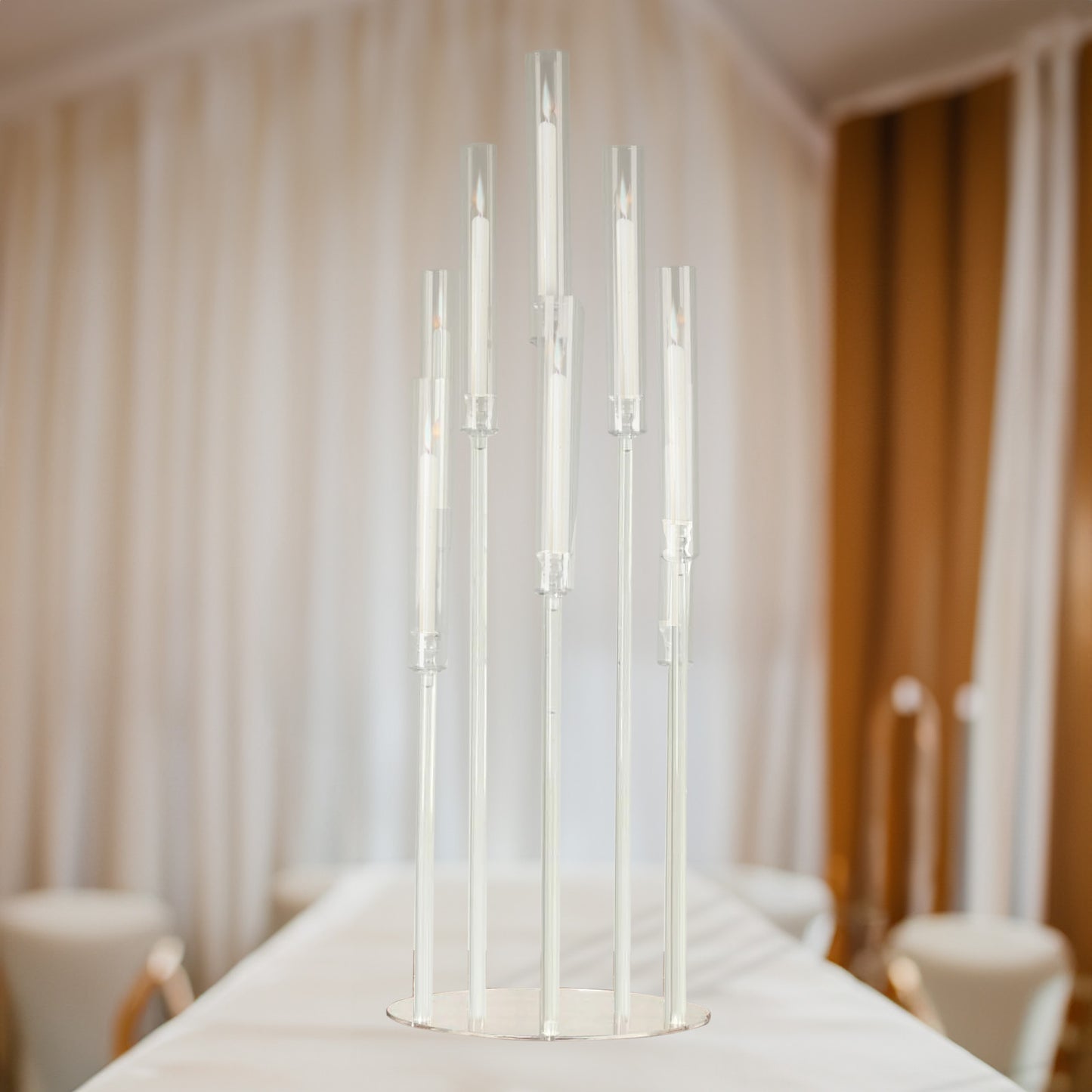 Clear acrylic 10-arm candle holder candelabra, 47" tall, modern design.