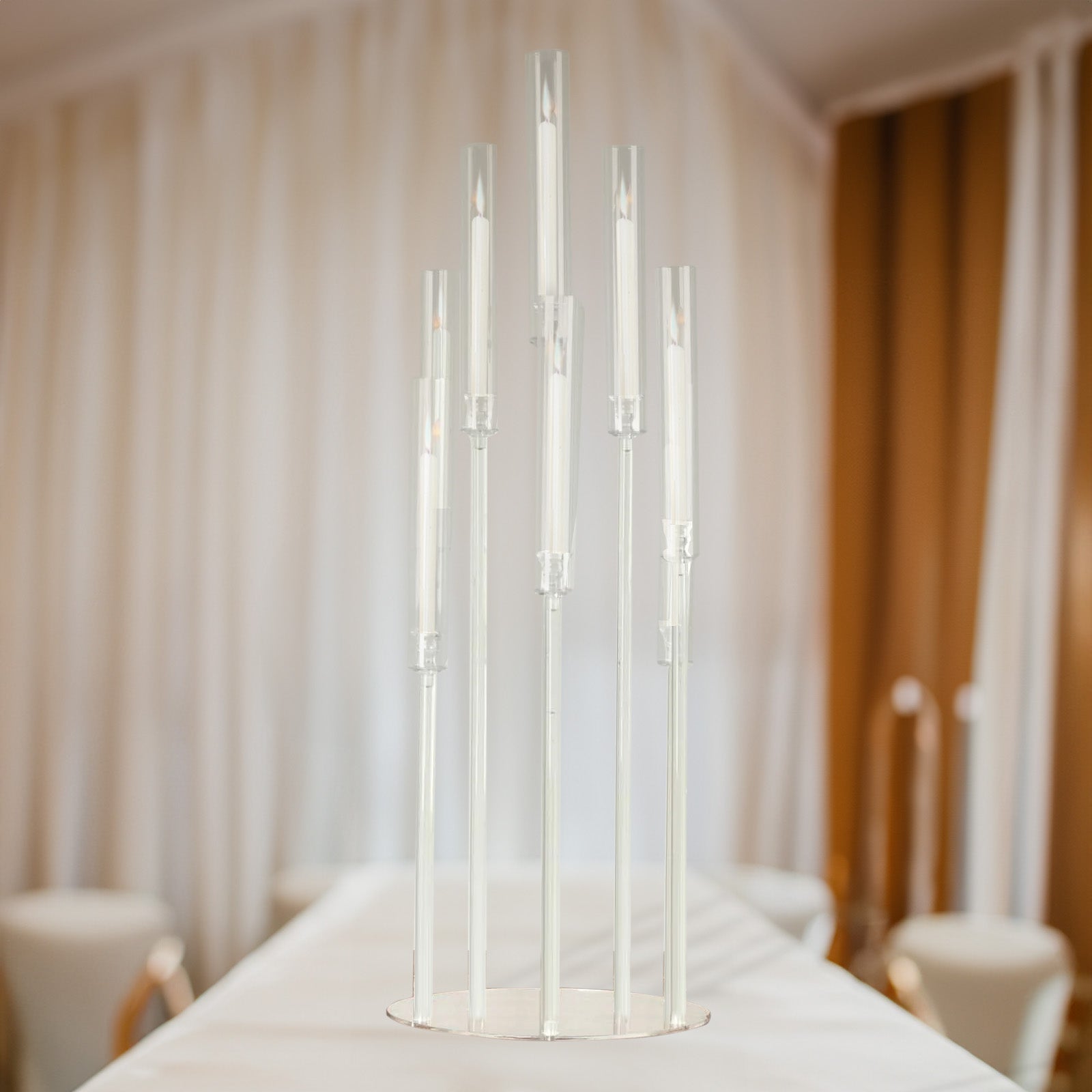 Clear acrylic 10-arm candle holder candelabra, 47" tall, modern design.
