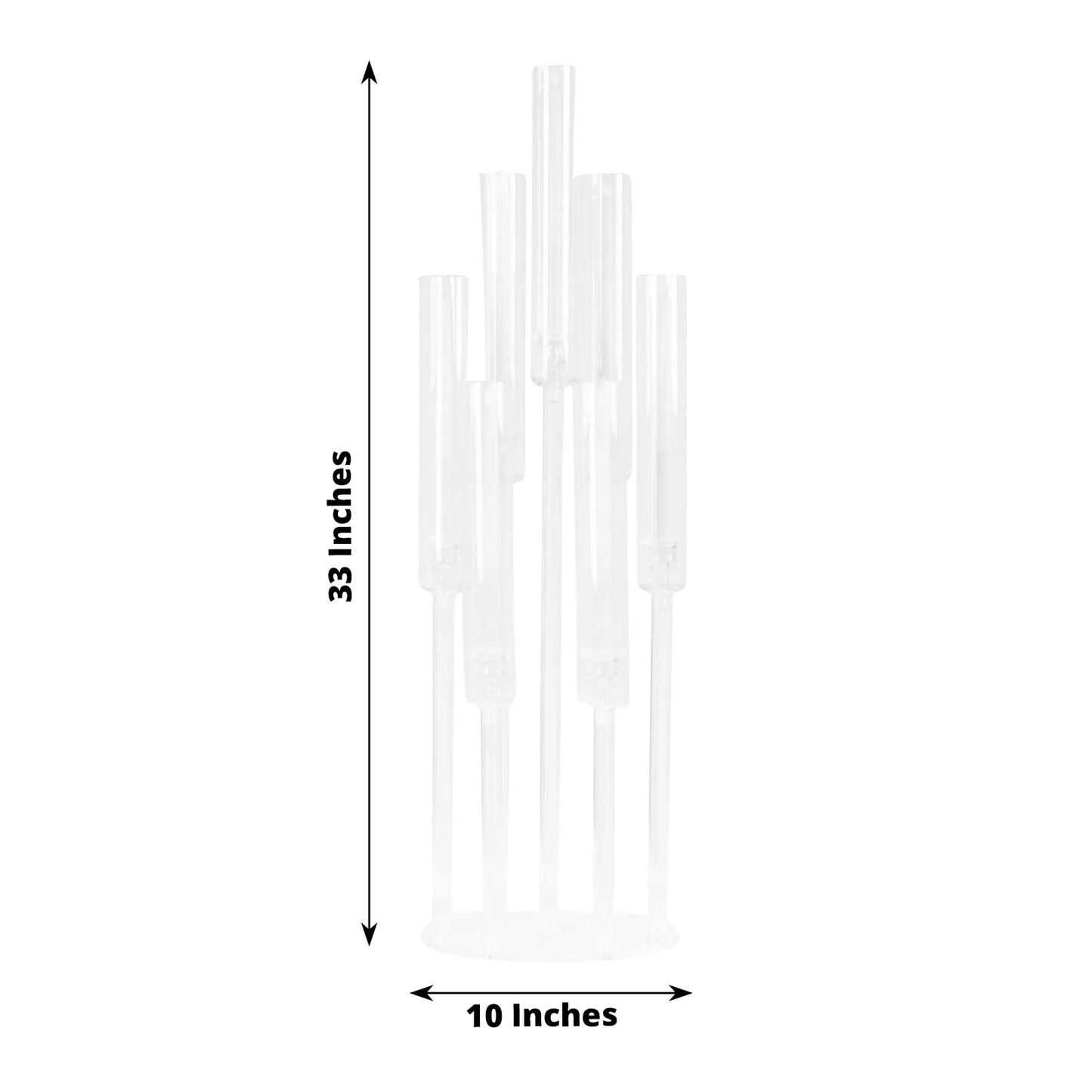 Clear acrylic 7-arm pillar candle holder, 33" tall, elegant design.