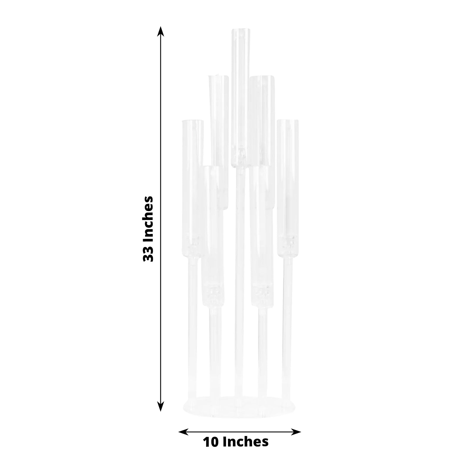 Clear acrylic 7-arm pillar candle holder, 33" tall, elegant design.