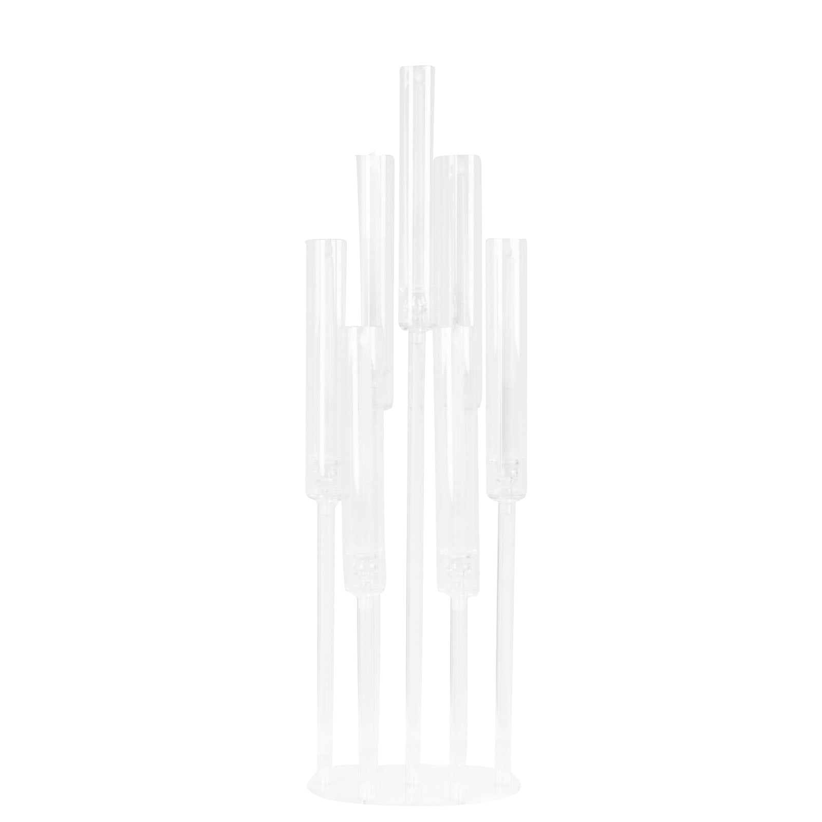 Clear acrylic 7-arm pillar candle holder candelabra, 33" tall.