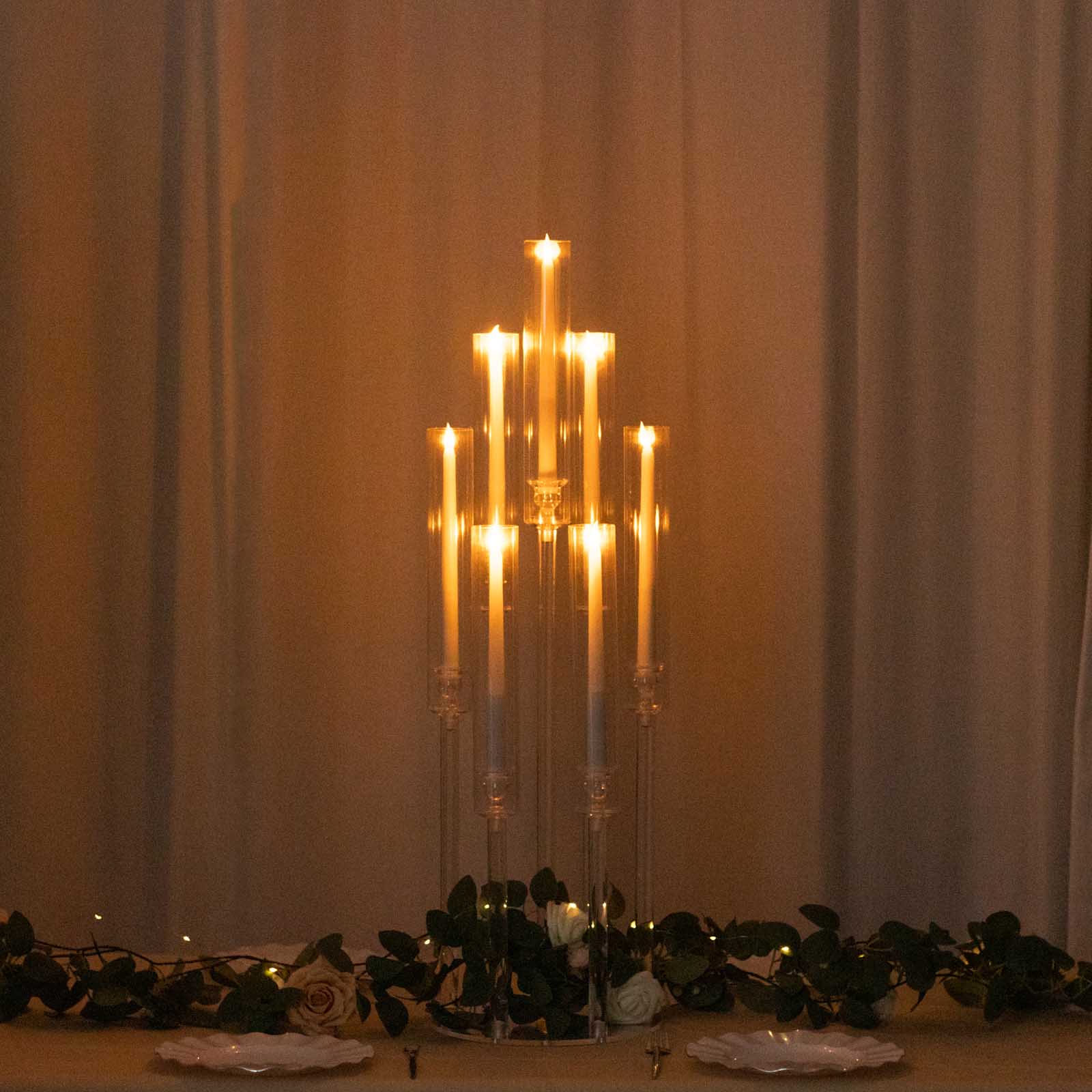 Clear acrylic 7-arm candle holder with taper candles, 33" tall, elegant centerpiece.