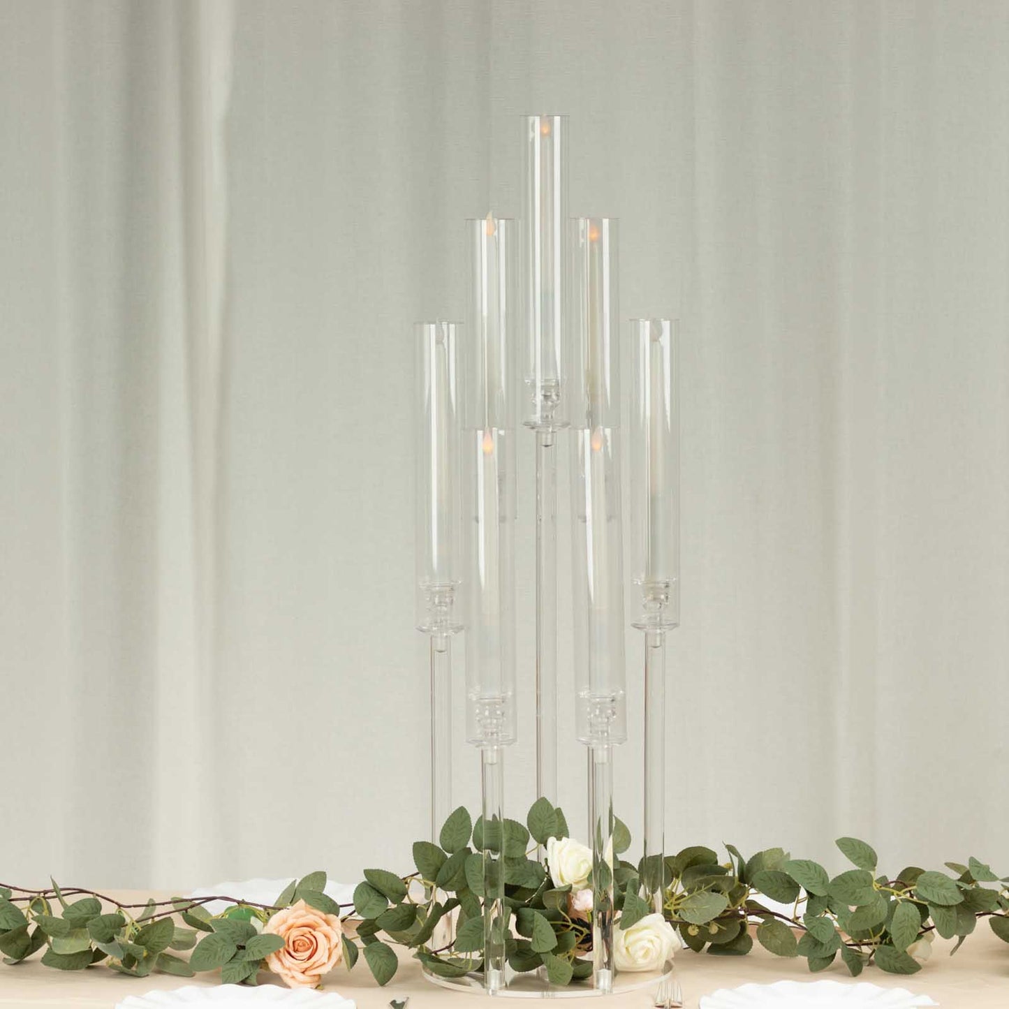 Clear acrylic candle holder with 7 arms, 33" tall, elegant centerpiece.