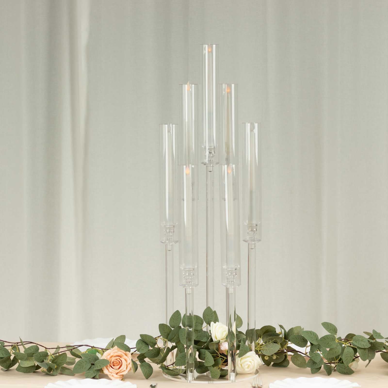 Clear acrylic candle holder with 7 arms, 33" tall, elegant centerpiece.