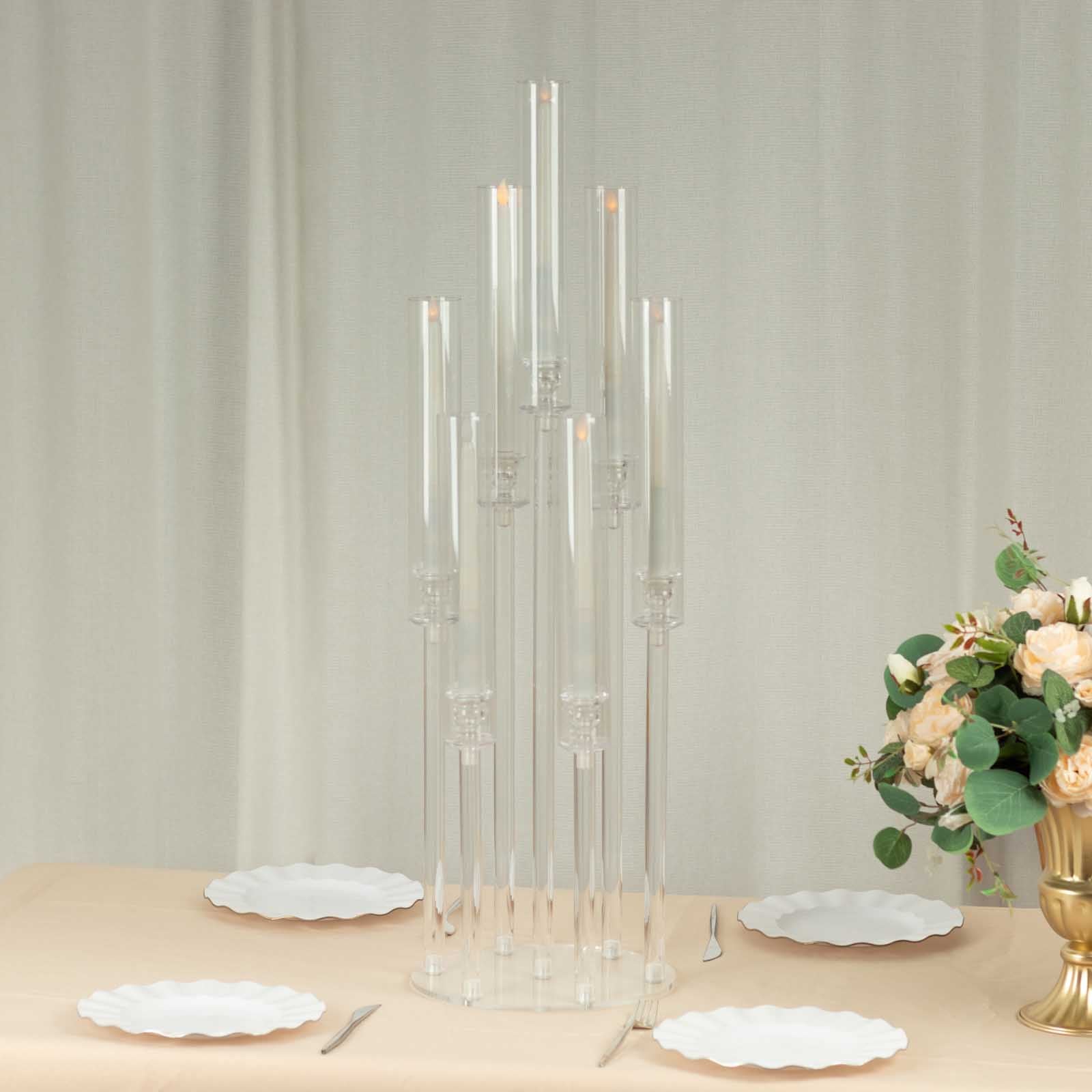 Clear acrylic 7-arm candelabra, 33" tall, elegant centerpiece for events.