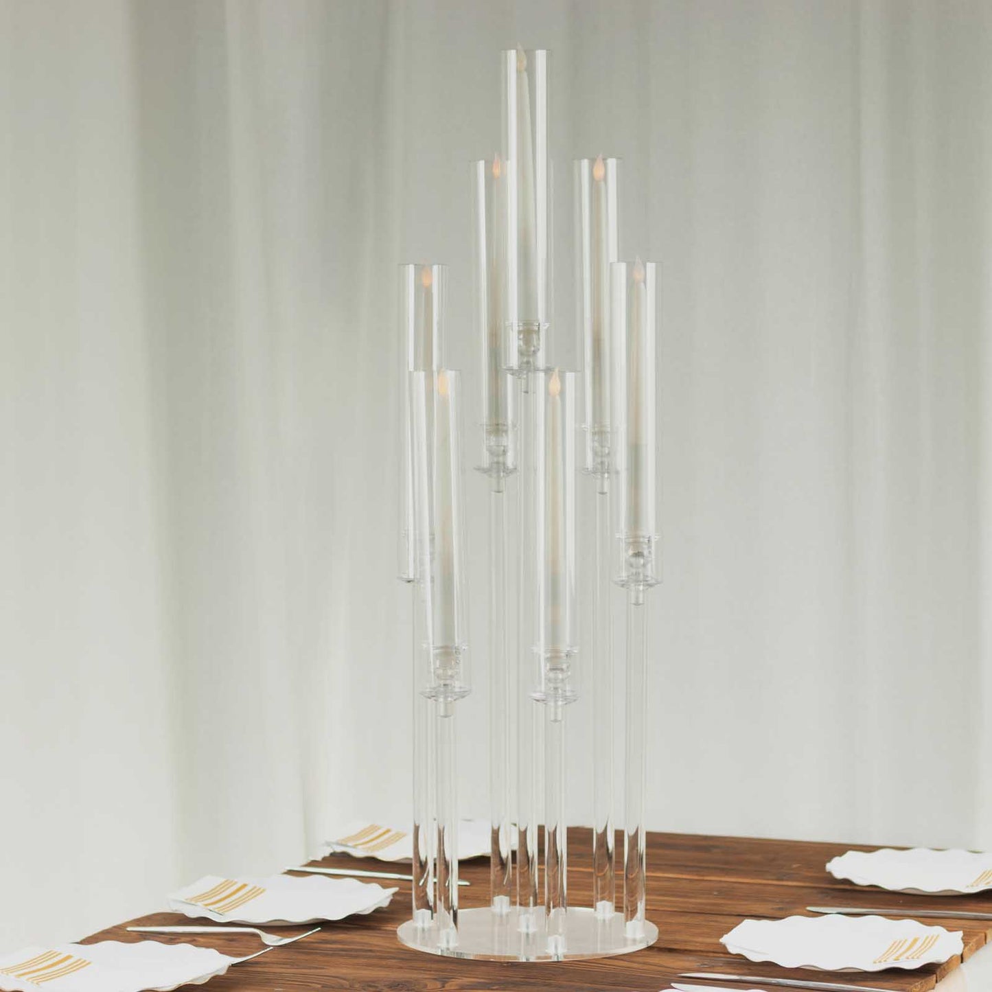 Clear acrylic cluster candelabra with 7 arms, 33" tall candle holder.