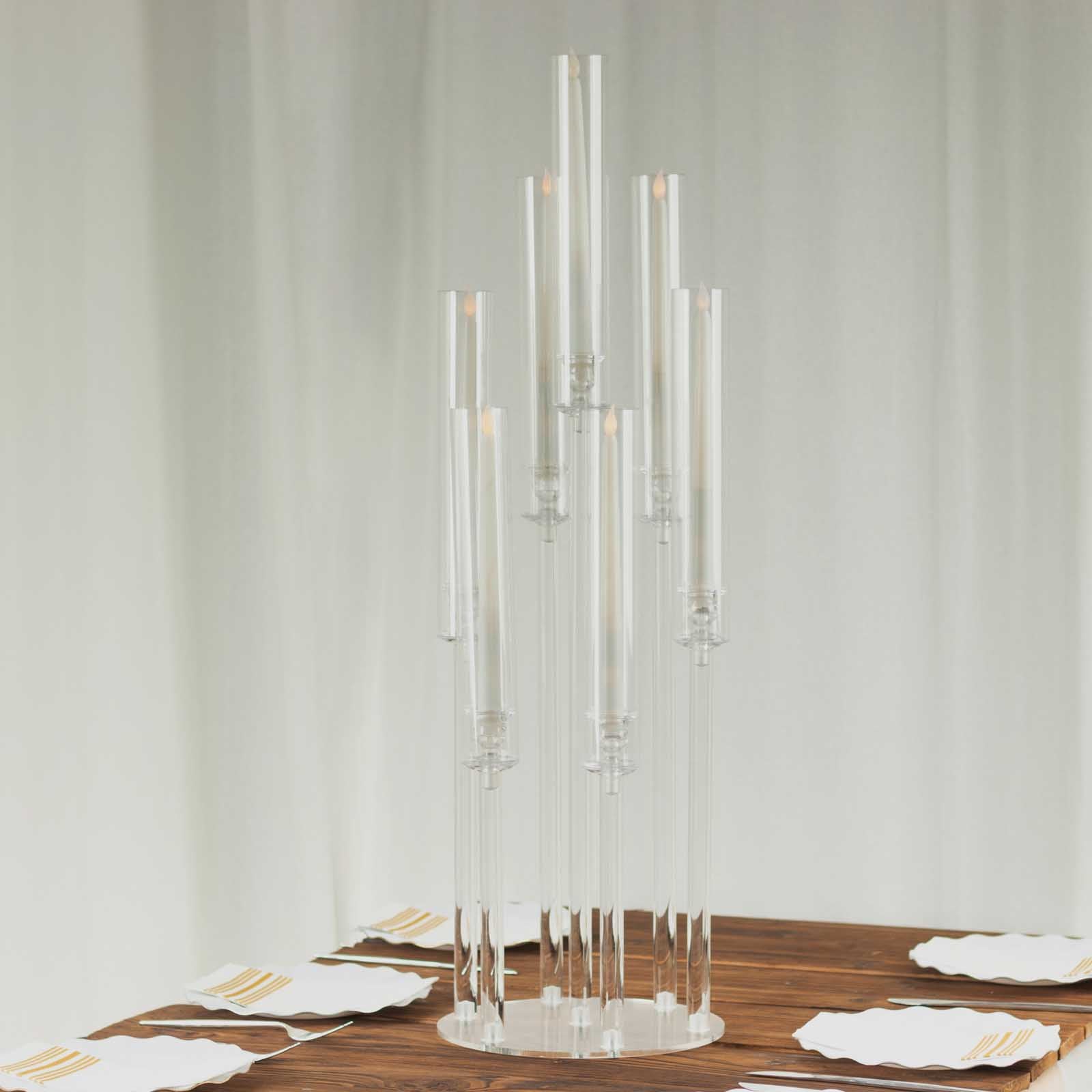 Clear acrylic cluster candelabra with 7 arms, 33" tall candle holder.