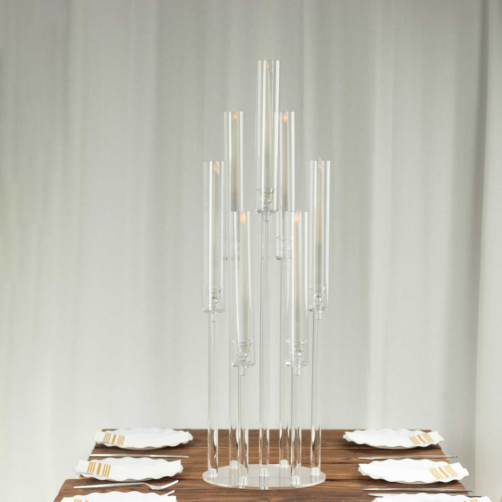 Clear acrylic 7-arm candle holder candelabra, 33" tall.