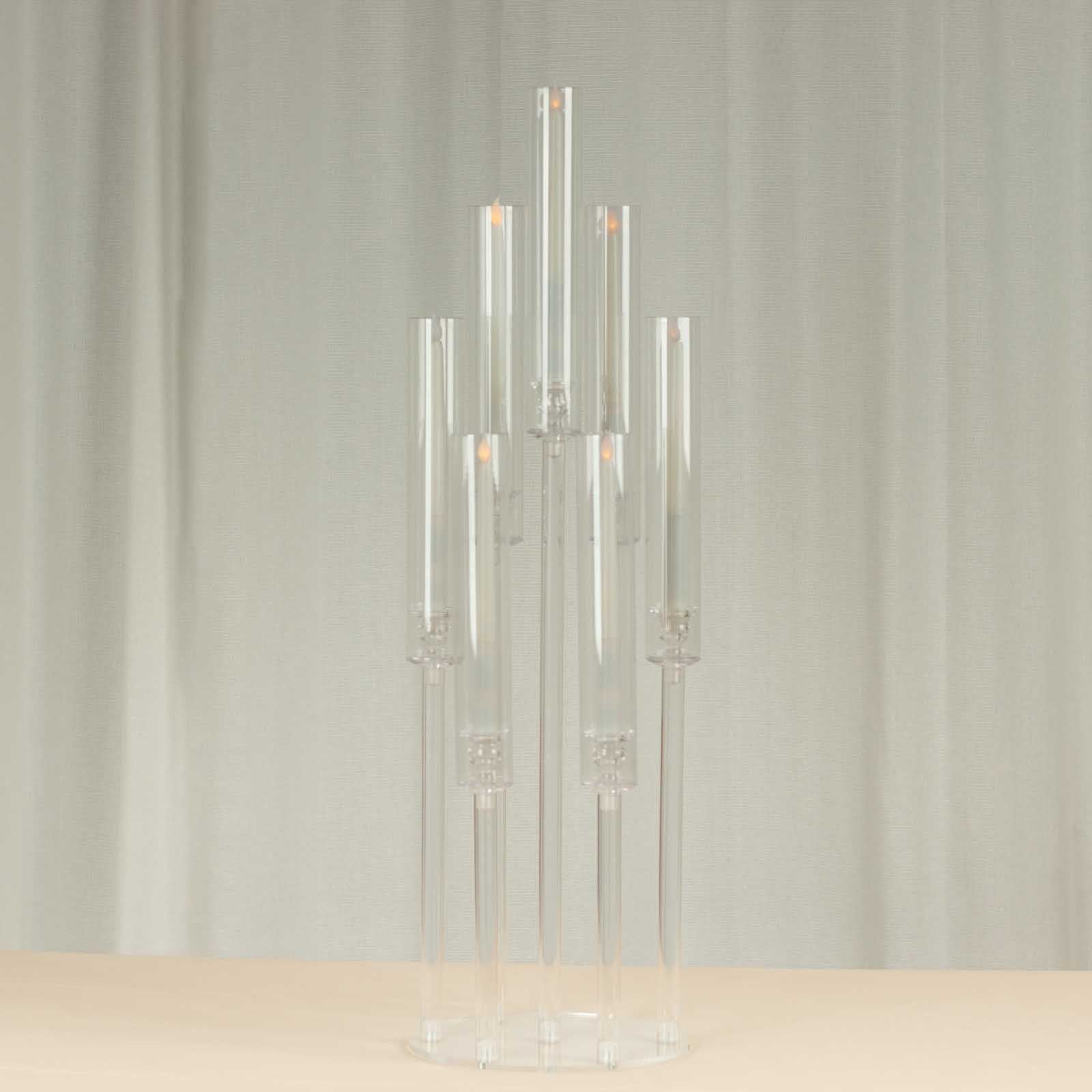 Clear acrylic 7-arm pillar candle holder stand, 33" tall.