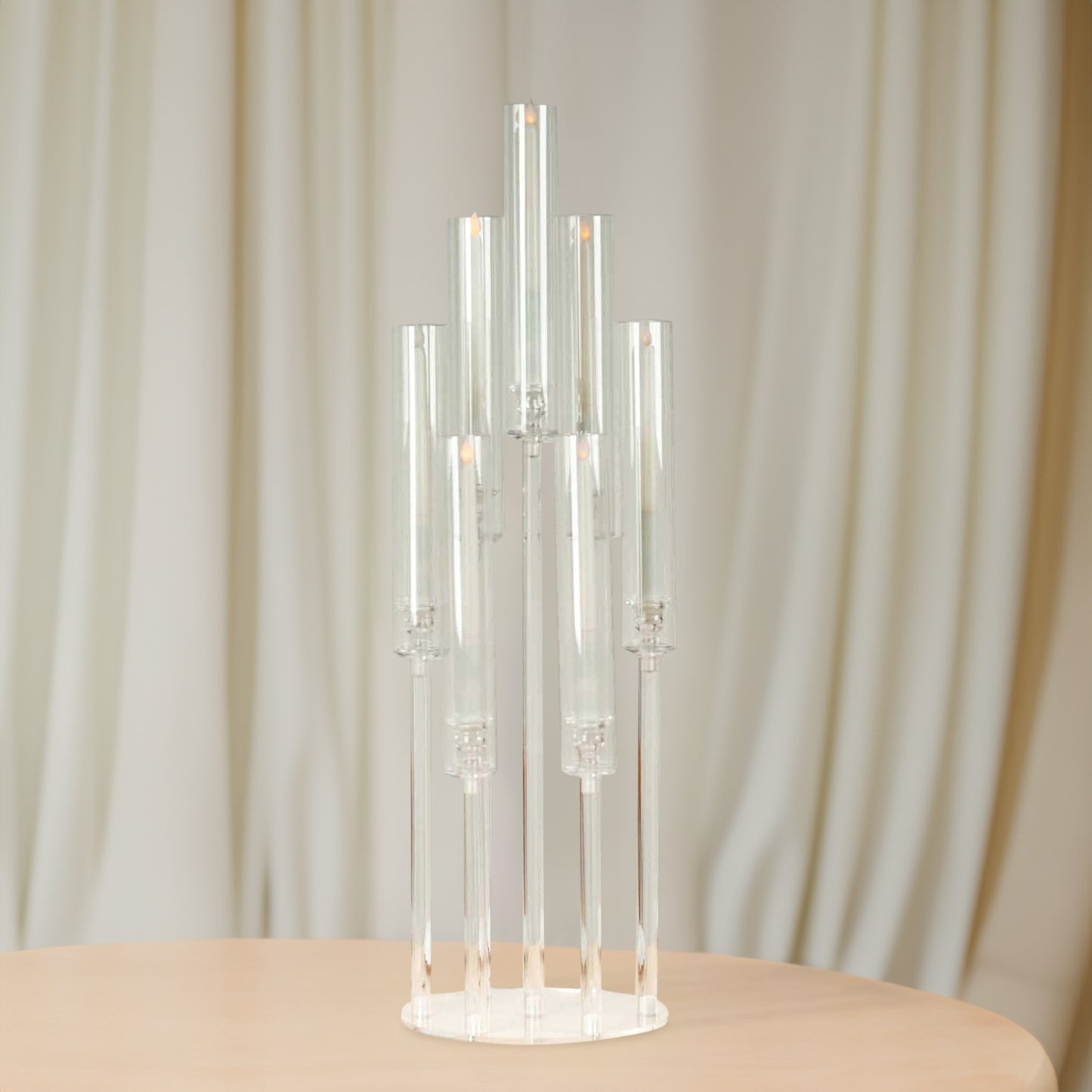 Clear acrylic 7 arm candelabra candle holder, 33" tall.