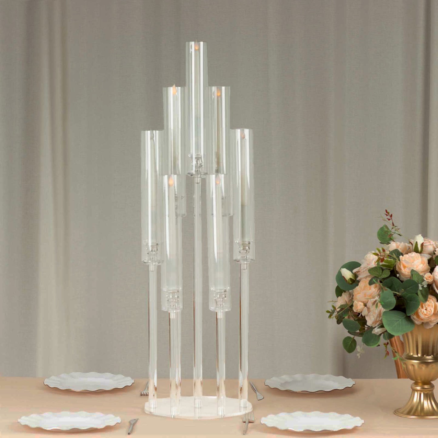 Clear acrylic candelabra with 7 arms, 33" tall, on a circular base.
