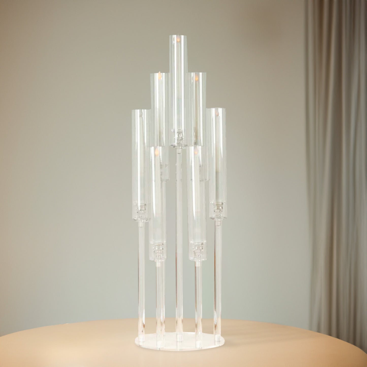 Clear acrylic 7-arm candelabra candle holder, 33" tall.