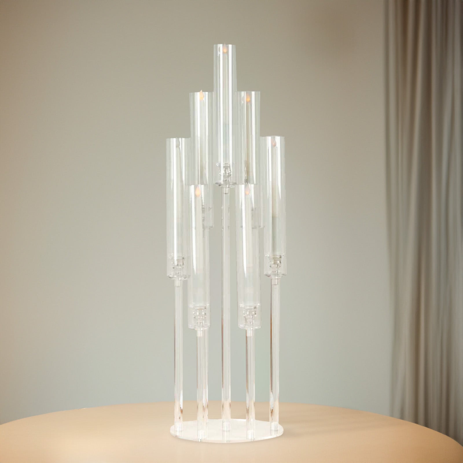Clear acrylic 7-arm candelabra candle holder, 33" tall.
