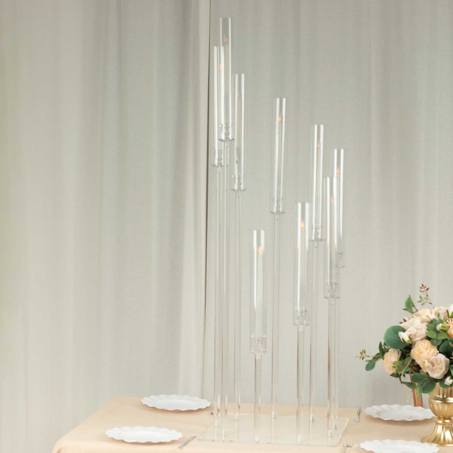 Clear acrylic 9 arm candle holder stand, 4ft tall with square base.